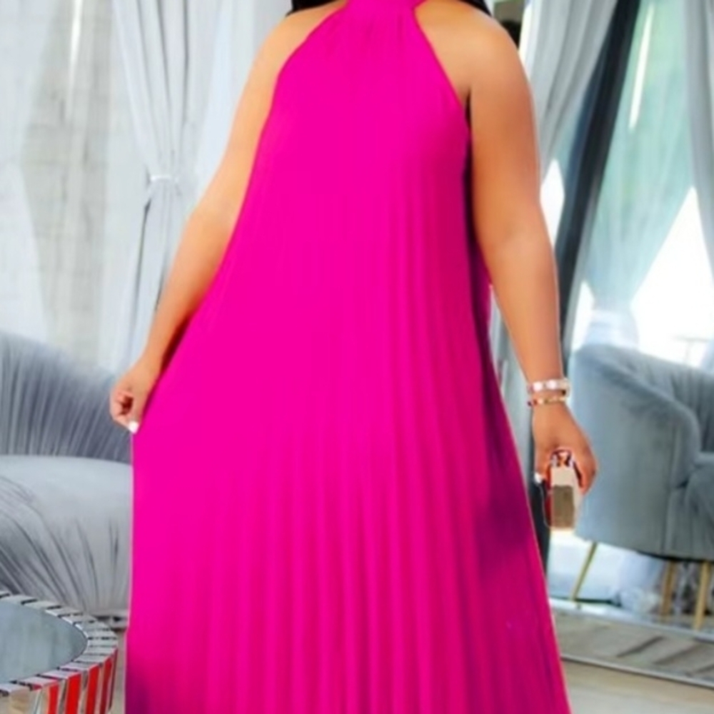 Plus Size Halter Maxi Dress in Vibrant Pink.